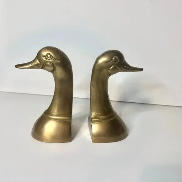 Brass Bookends Mallard Duck Head Set 6" Mid Century Brass Decor Doorstop Gift - Picture 1 of 7